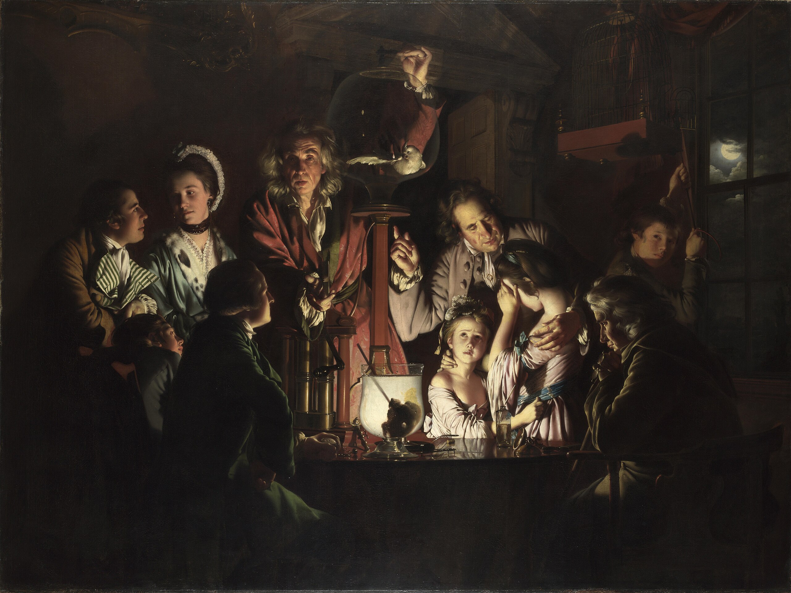 Historical painting of people gathered around an experiment